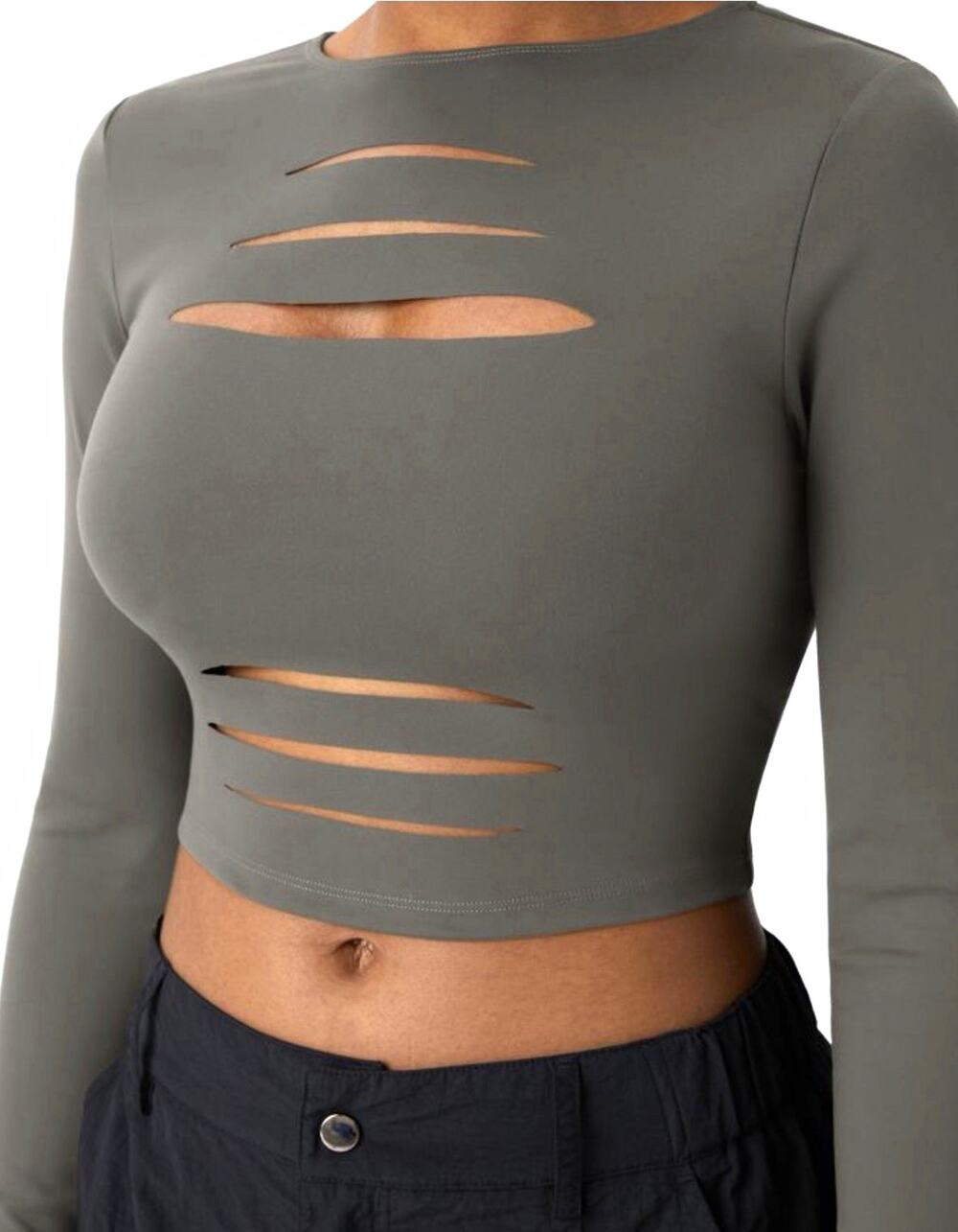 Halara DayStretch RoundNeck Long Sleeve Cut Out Ripped Skinny Cropped Casual Top